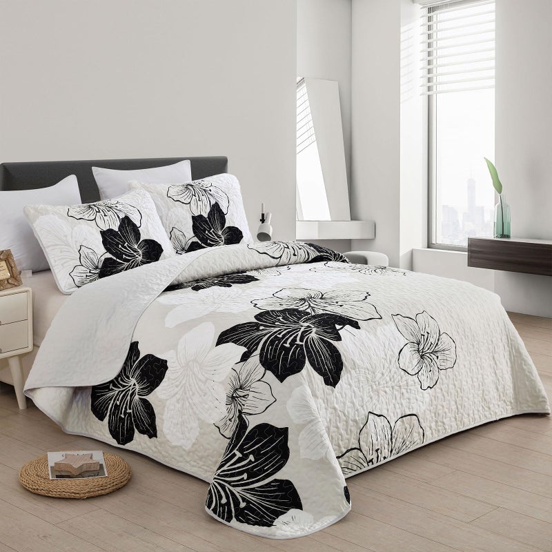 DJY Black White Quilt Set King 3 Pieces Floral Bedding Quilt Set Soft Botanical Bedspread with 2 Pillow Shams Lightweight Flower Quilt Coverlet Set for All Season 104''x 90'' - Image 2